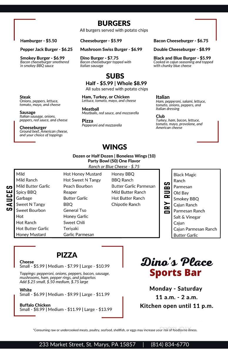 Dino's Place Incorporated - Saint Marys, PA menu_pic