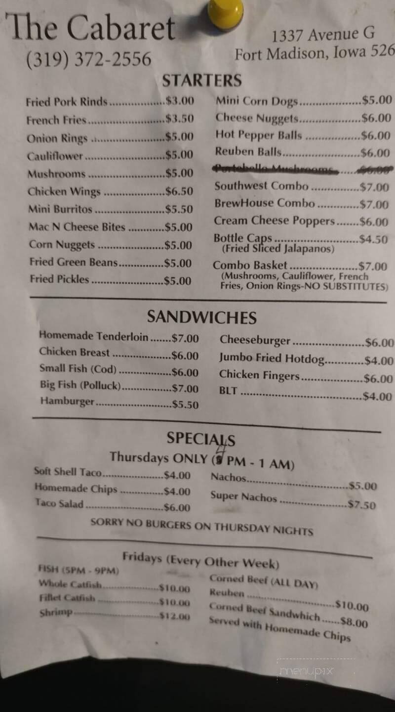 Cabaret - Fort Madison, IA menu_pic