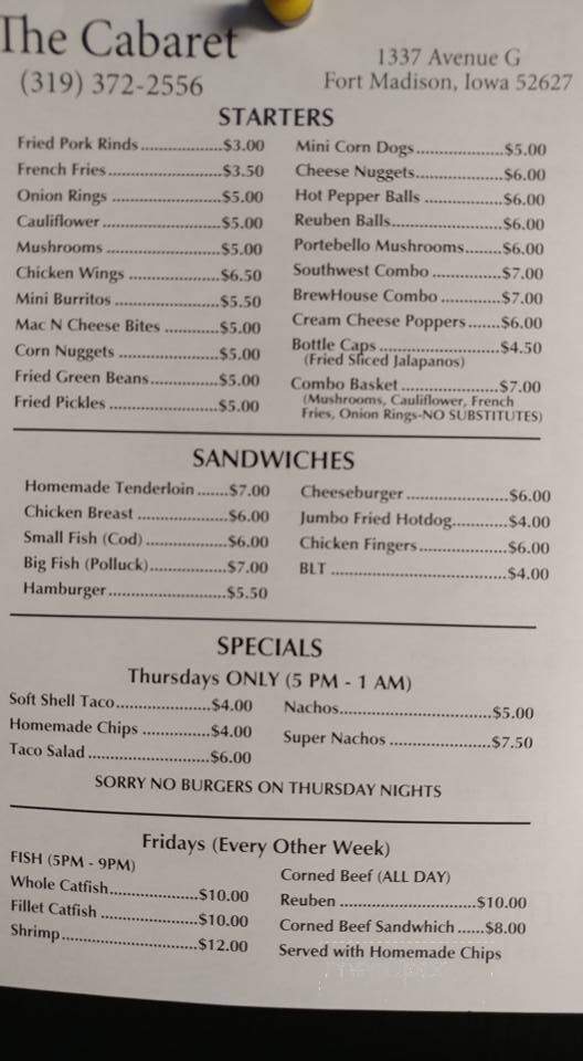 Cabaret - Fort Madison, IA menu_pic