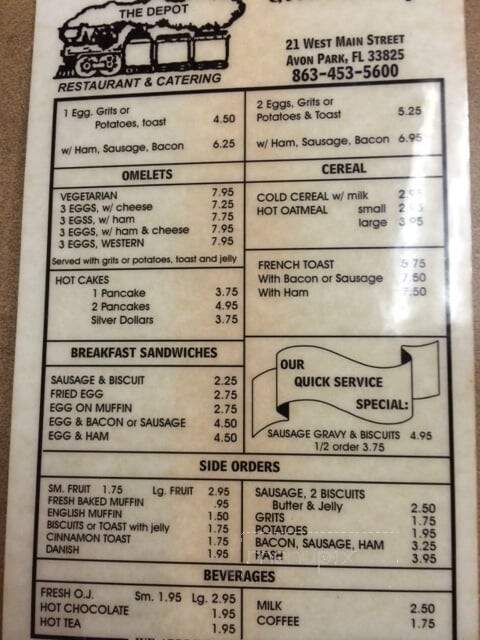 Depot Restaurant - Avon Park, FL menu_pic
