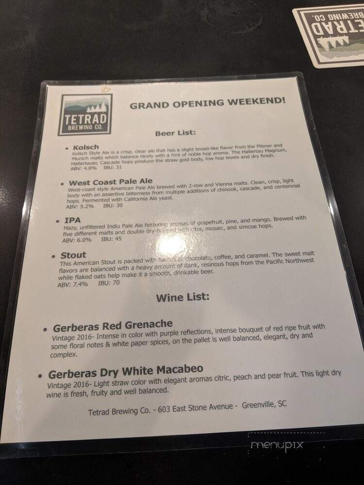 Tetrad Brewing Co. - Greenville, SC menu_pic