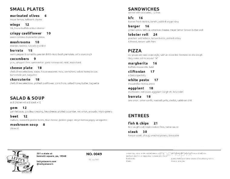 Letty's Tavern - Kennett Square, PA menu_pic