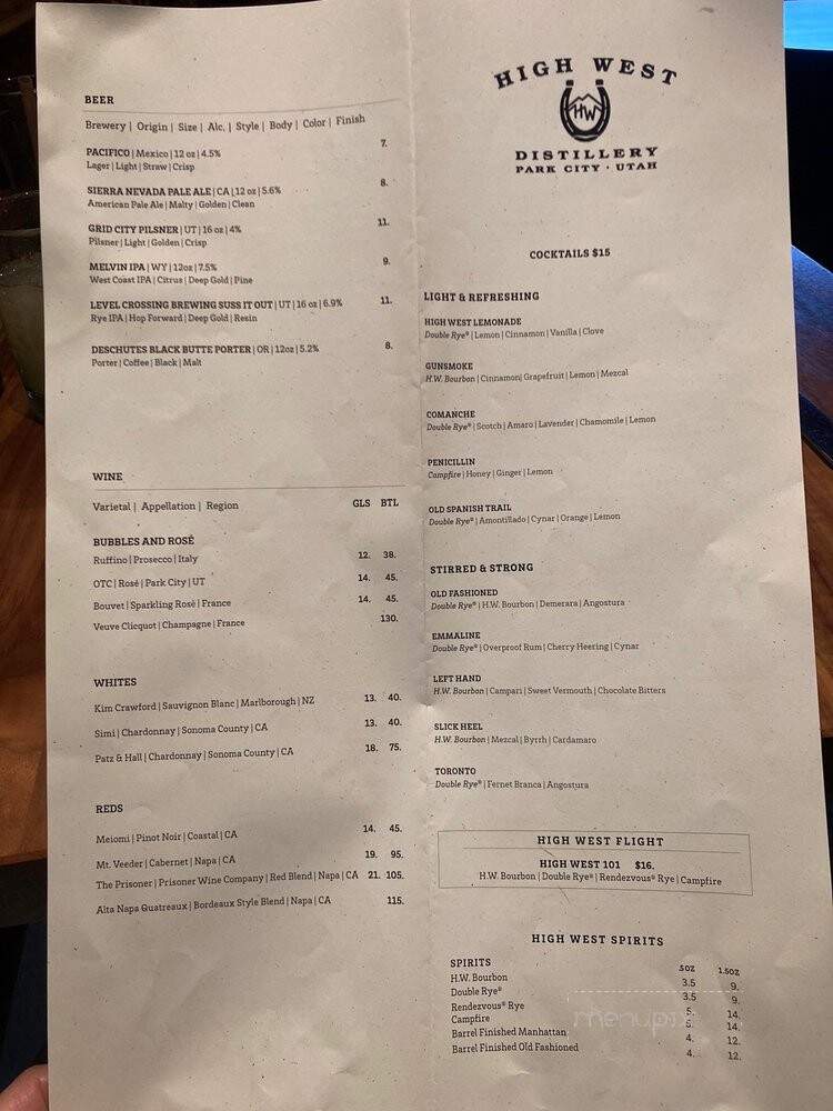 High West Distillery & Saloon - Park City, UT menu_pic