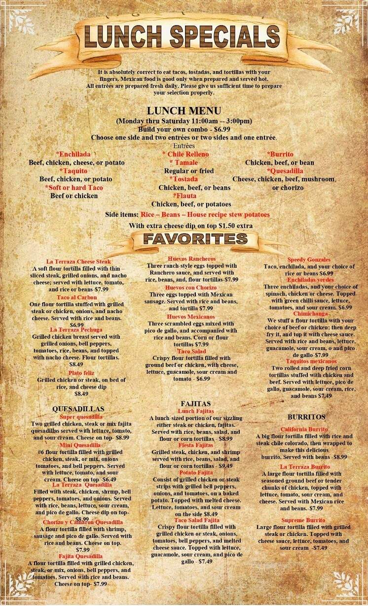 La Terraza - Starkville, MS menu_pic