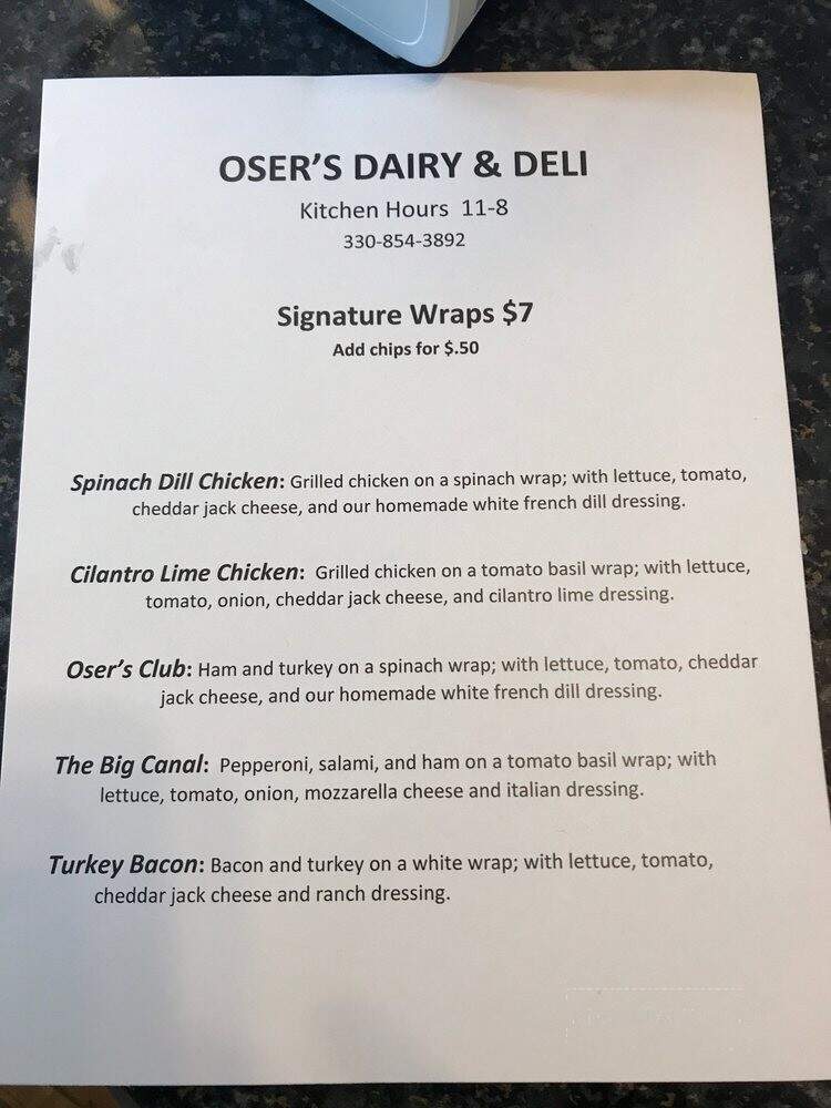 Oser's Dairy - Canal Fulton, OH menu_pic
