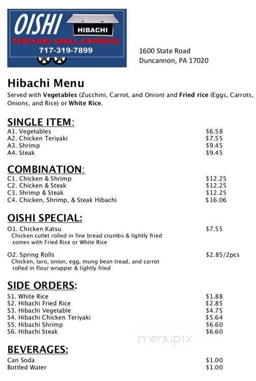 Oishi Hibachi on Wheels - Duncannon, PA menu_pic