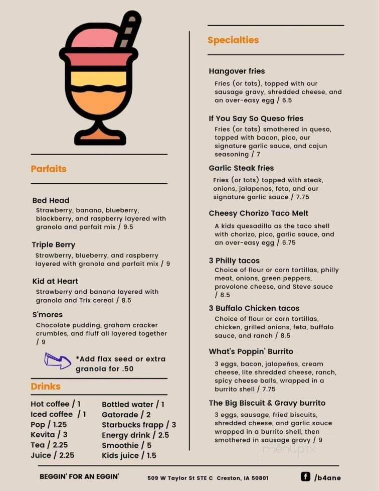 Beggin' for an Eggin' - Creston, IA menu_pic