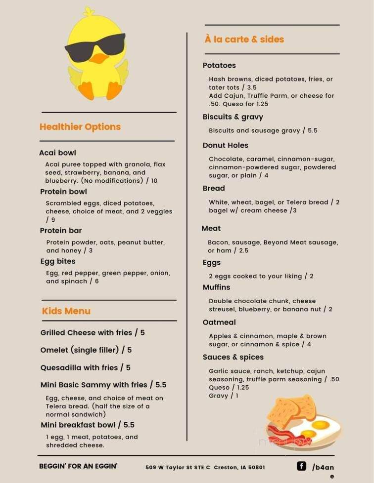 Beggin' for an Eggin' - Creston, IA menu_pic