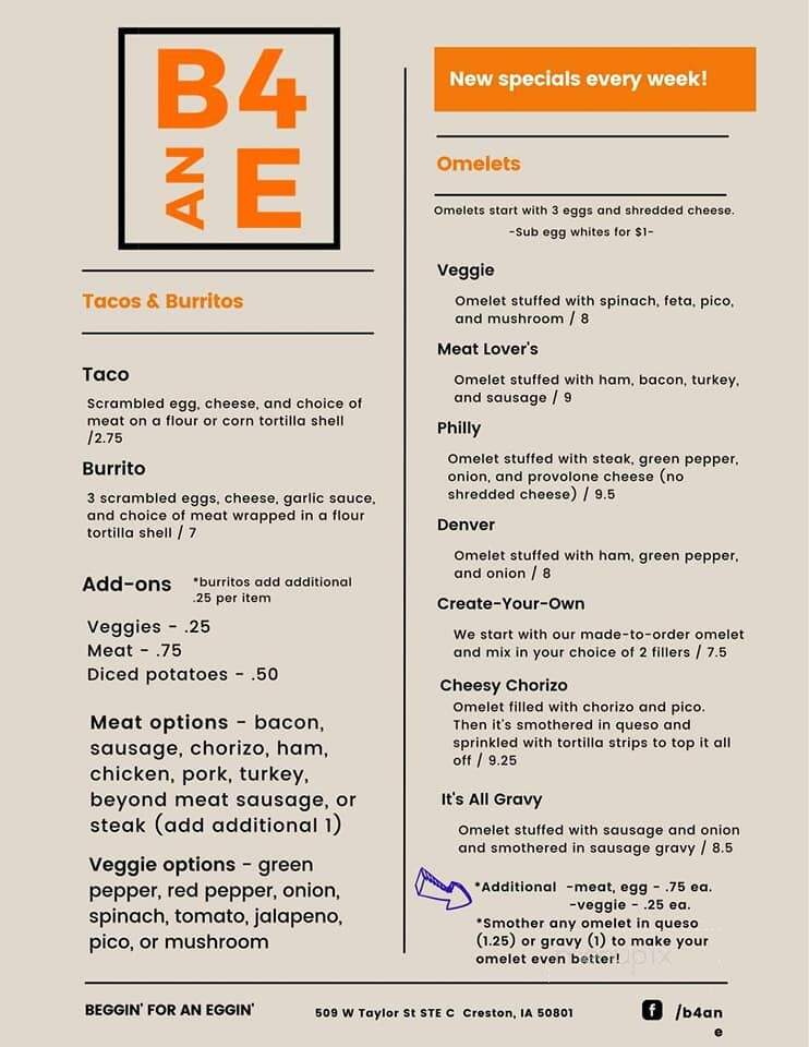 Beggin' for an Eggin' - Creston, IA menu_pic
