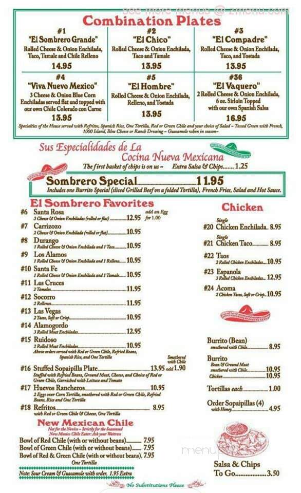 El Sombrero Restaurant - Gallup, NM menu_pic
