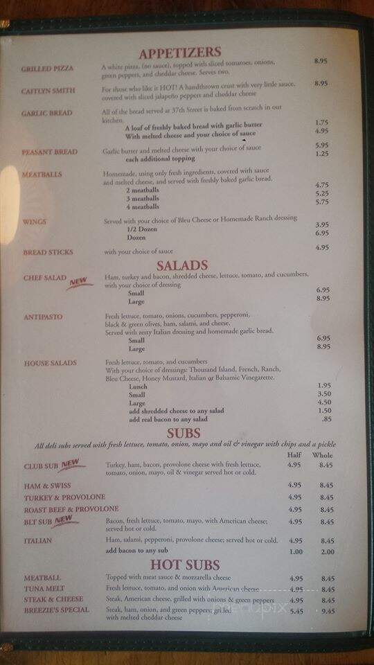 Thirty Seventh Street Pizzaria - New Bern, NC menu_pic