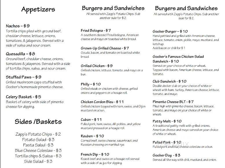 Goober's - Clemson, SC menu_pic