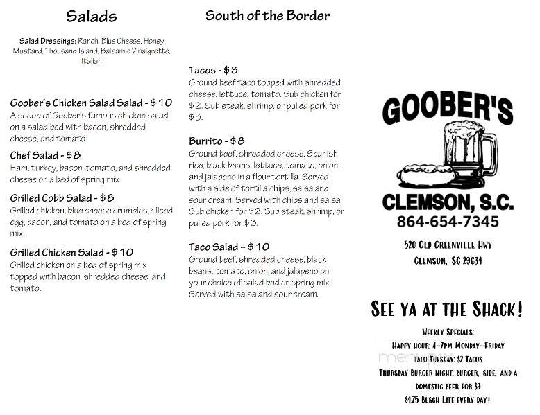 Goober's - Clemson, SC menu_pic