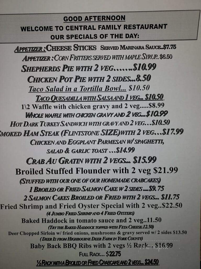 Central Family Restaurant - York, PA menu_pic