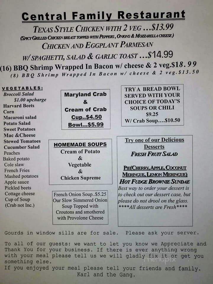 Central Family Restaurant - York, PA menu_pic