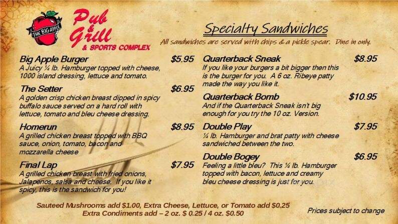 Big Apple Pub & Grill - Manitowoc, WI menu_pic