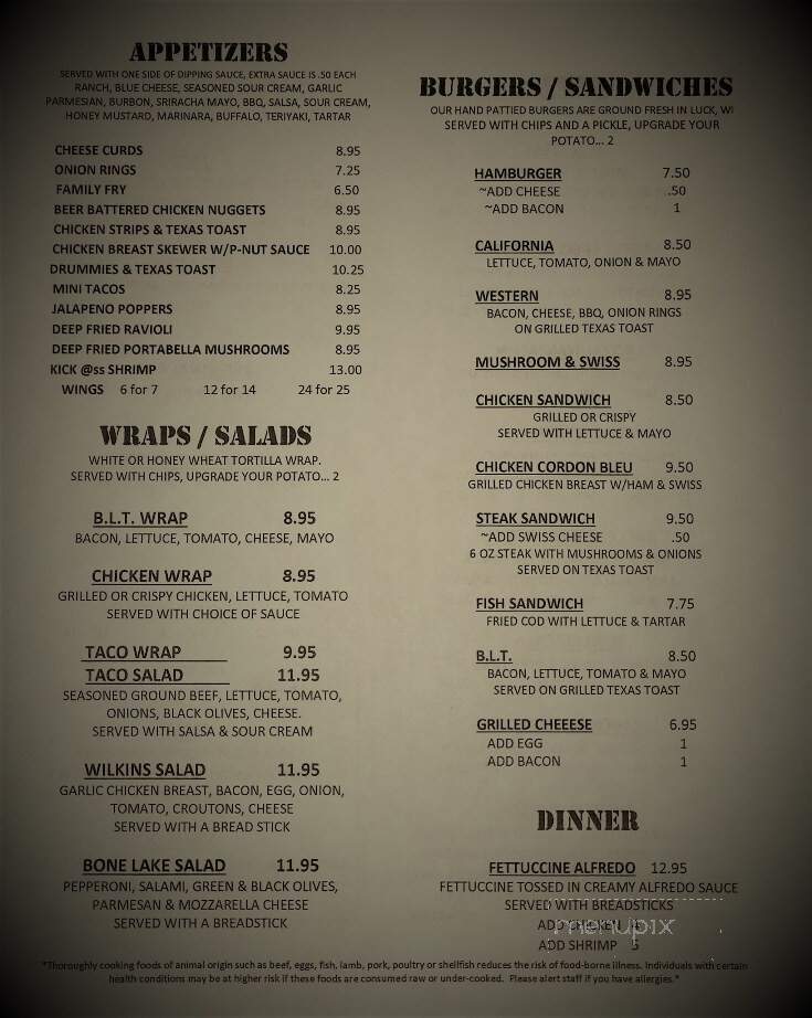 Wilkins Bone Lake Bar & Resort - Luck, WI menu_pic