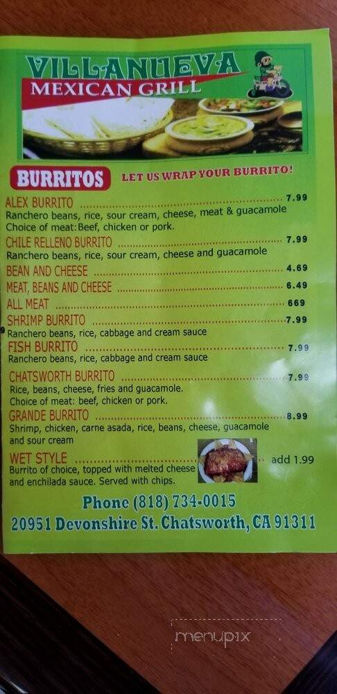 Villanueva Mexican Grill - Chatsworth, CA menu_pic