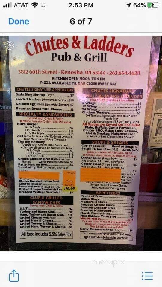 Chutes & Ladders - Kenosha, WI menu_pic