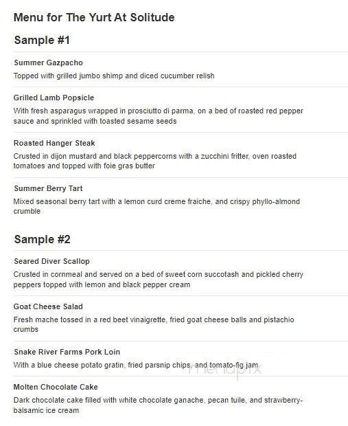 The Yurt At Solitude - Solitude, UT menu_pic