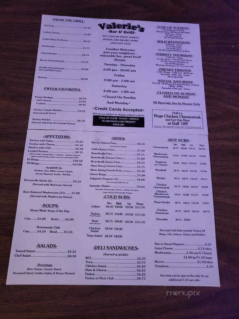 Valerie's Bar & Grill - Dover, DE menu_pic