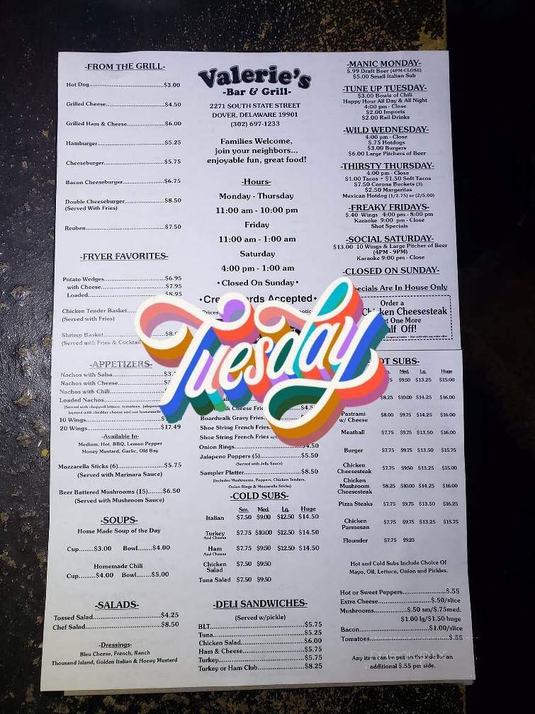Valerie's Bar & Grill - Dover, DE menu_pic