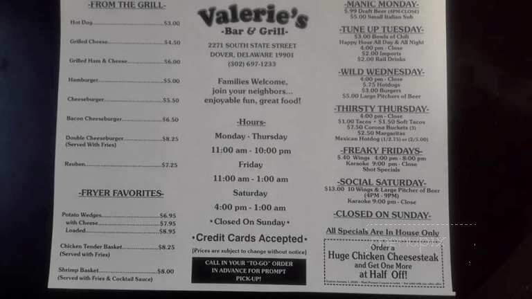 Valerie's Bar & Grill - Dover, DE menu_pic