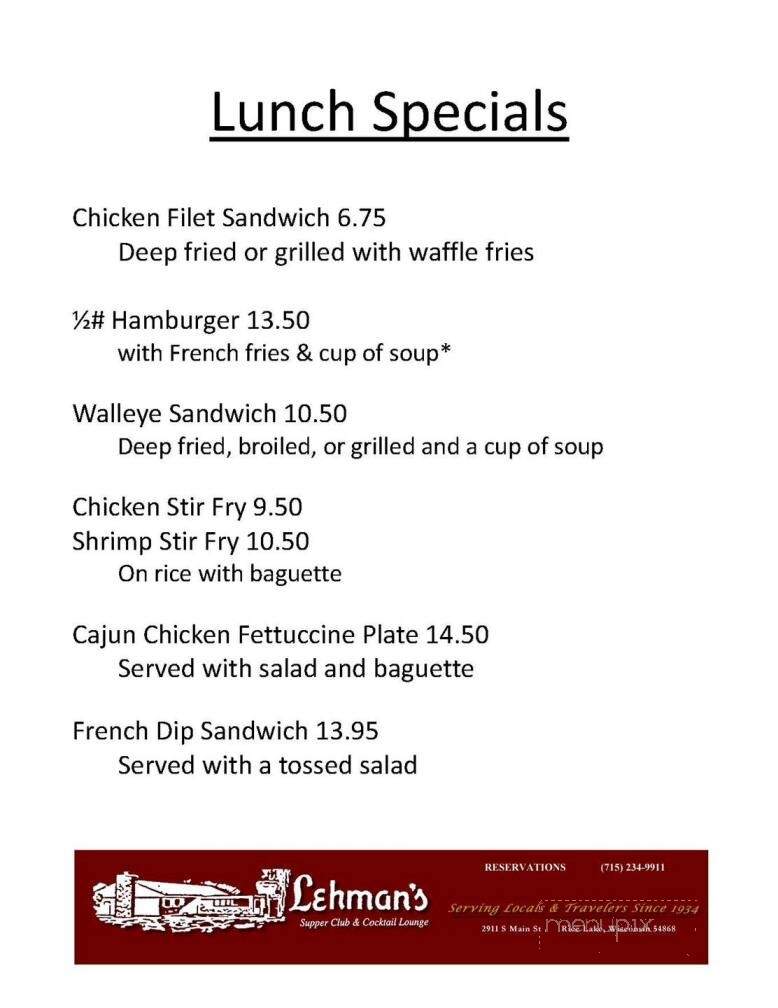 Lehmans Supper Club - Rice Lake, WI menu_pic