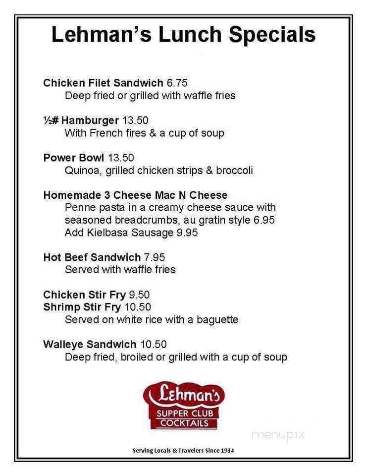 Lehmans Supper Club - Rice Lake, WI menu_pic