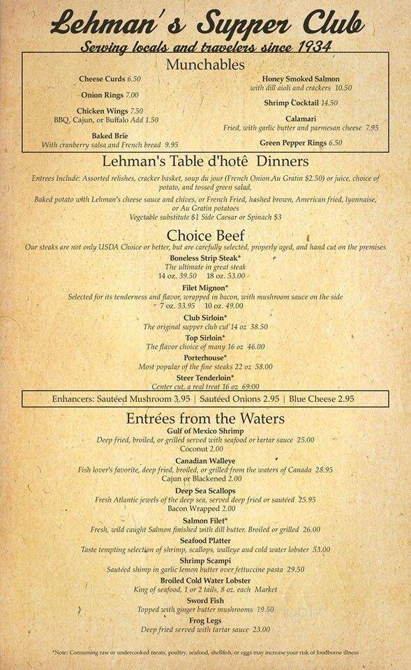 Lehmans Supper Club - Rice Lake, WI menu_pic