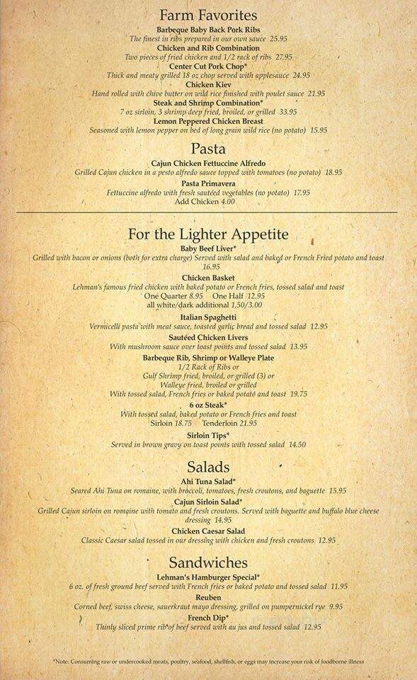 Lehmans Supper Club - Rice Lake, WI menu_pic