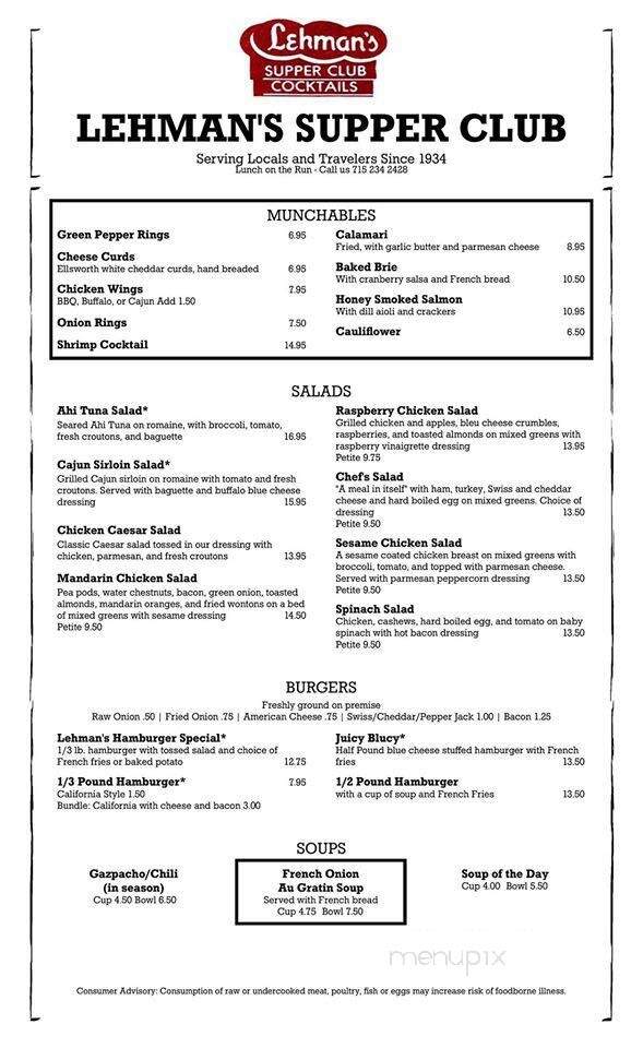 Lehmans Supper Club - Rice Lake, WI menu_pic