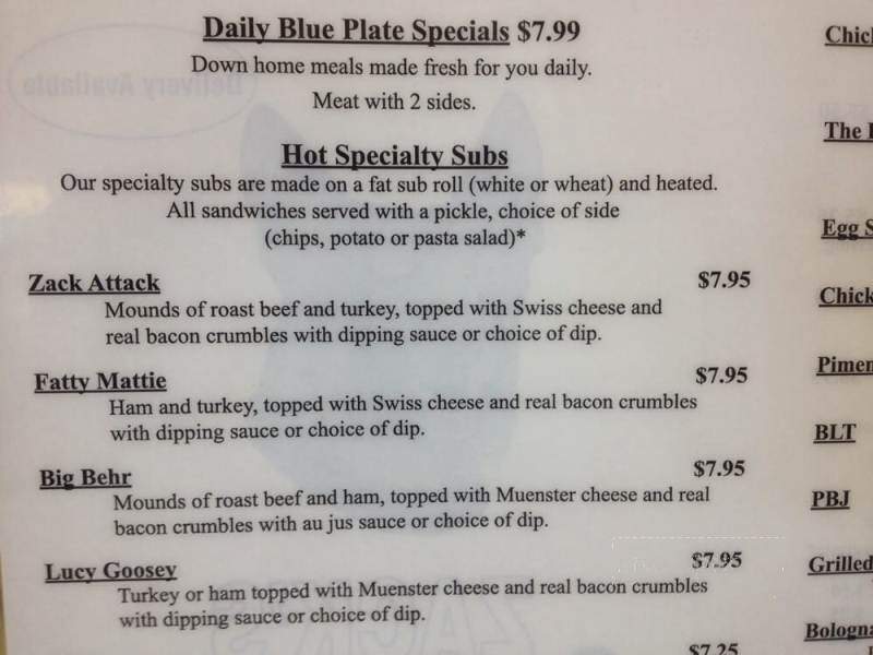 Zack's Sandwich Shack and Blue Plate Specials - Columbia, SC menu_pic