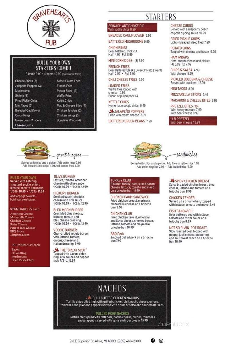 Bravehearts Pub - Alma, MI menu_pic