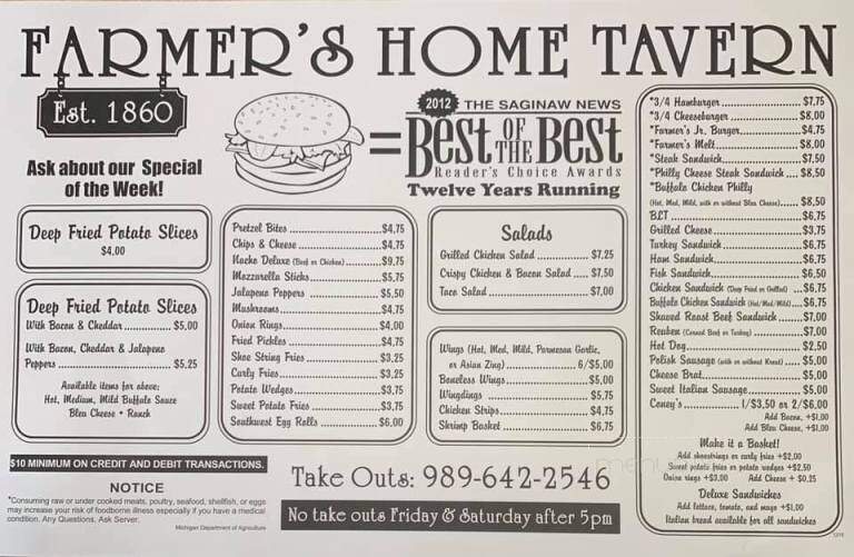 Farmers Home Tavern - Hemlock, MI menu_pic