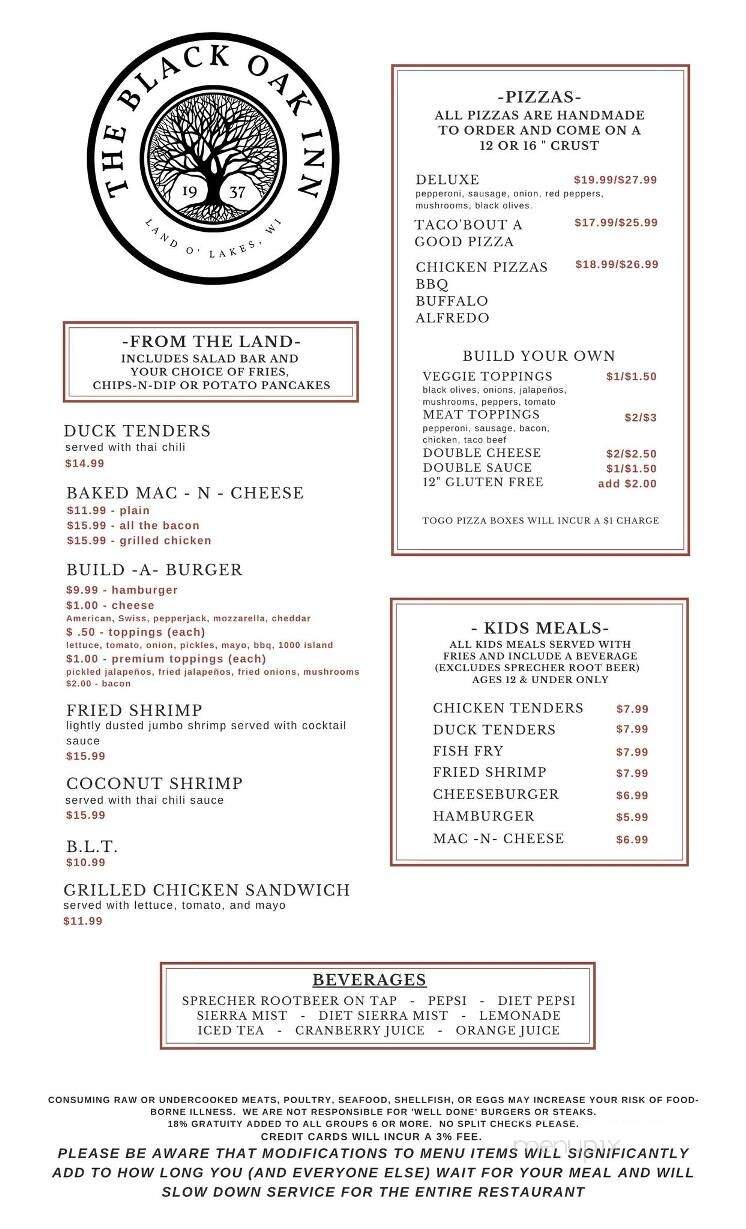 Black Oak Inn - Land O' Lakes, WI menu_pic