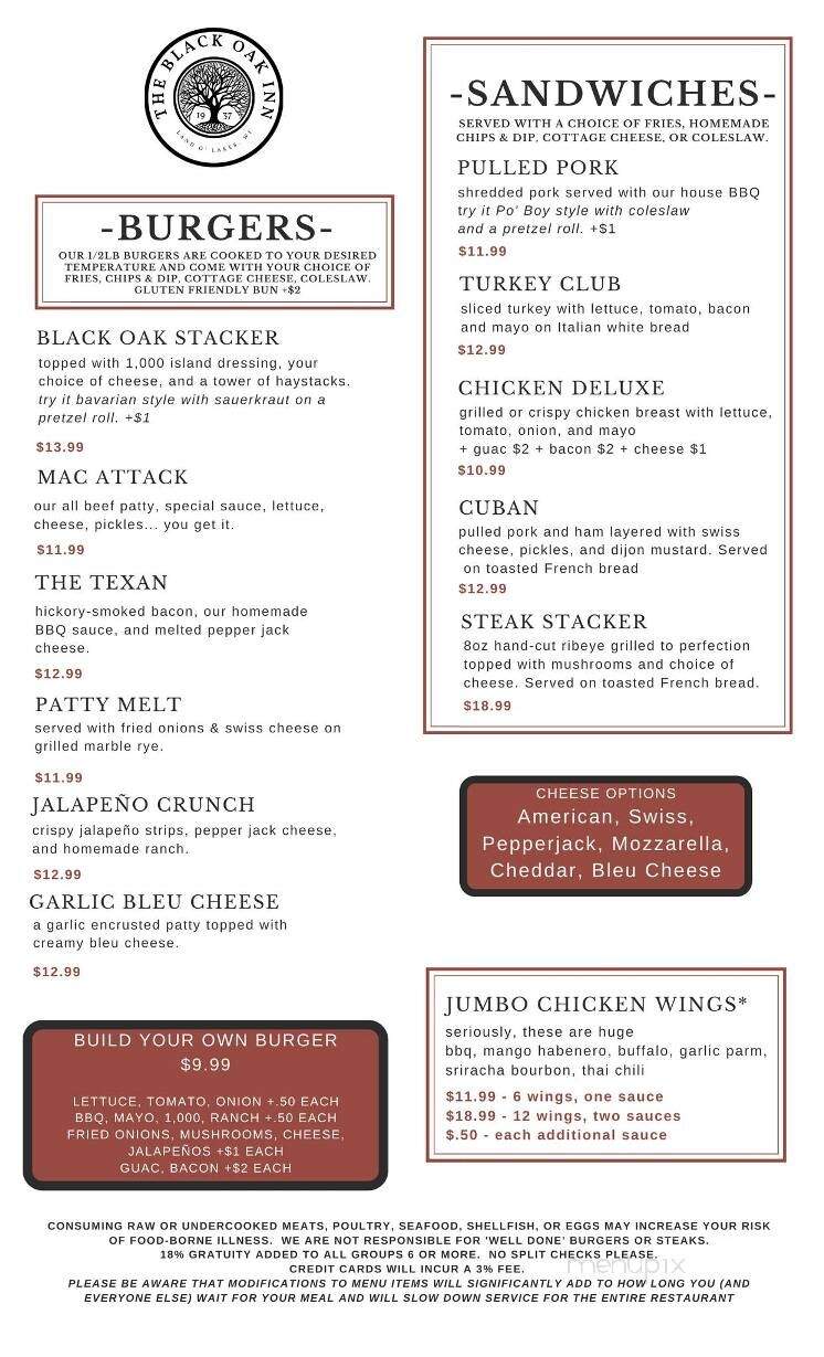 Black Oak Inn - Land O' Lakes, WI menu_pic