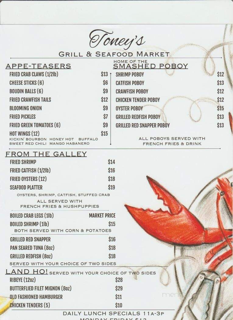 Toney's Grill Seafood Market - Vicksburg, MS menu_pic