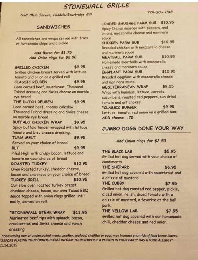 The Stonewall Grille - Fiskdale, MA menu_pic