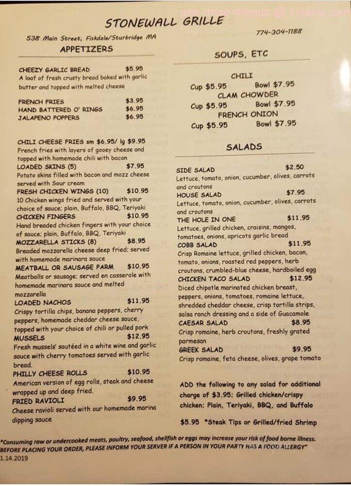 The Stonewall Grille - Fiskdale, MA menu_pic