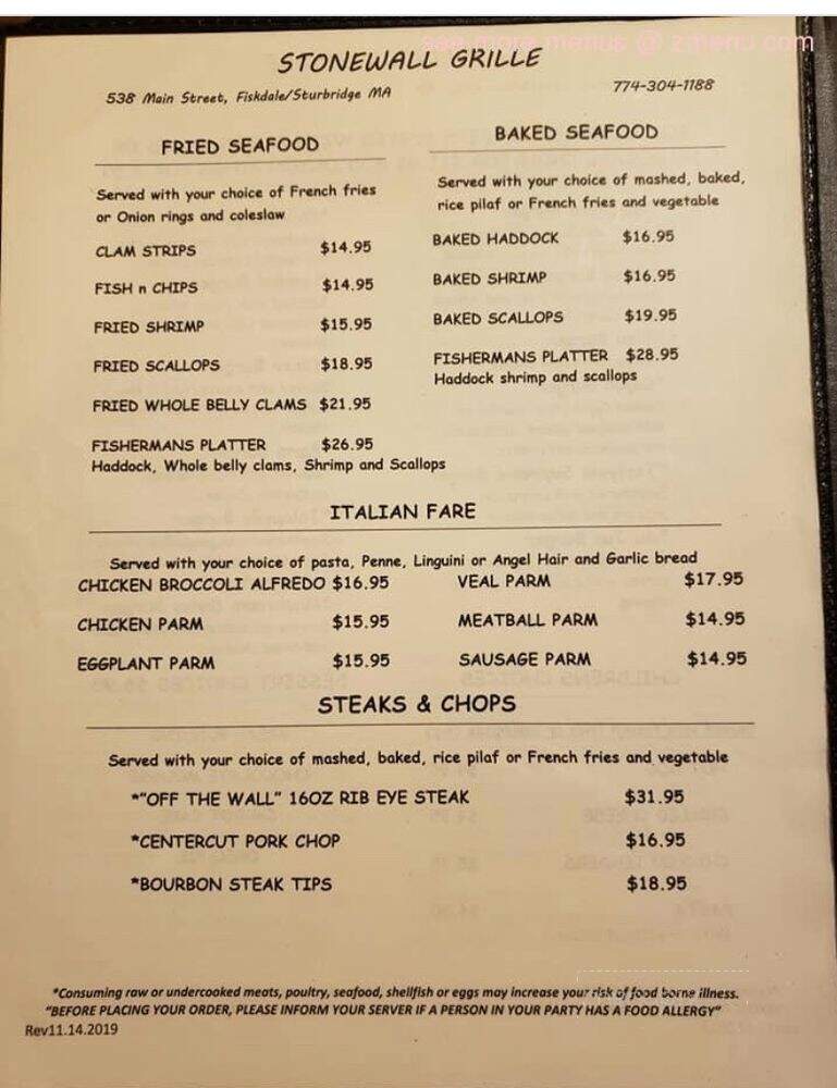 The Stonewall Grille - Fiskdale, MA menu_pic
