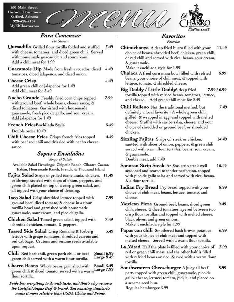 El Charro Restaurant - Safford, AZ menu_pic