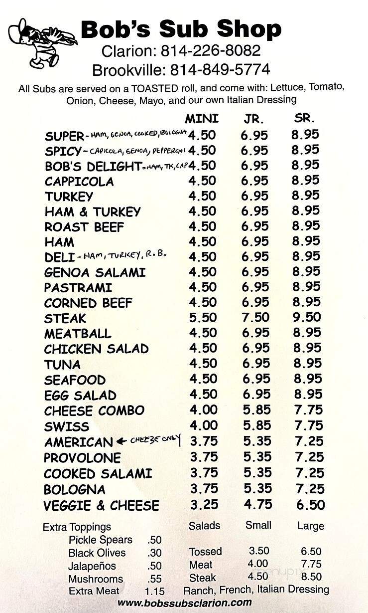 Bob's Sub & Sandwich Shop - Clarion, PA menu_pic