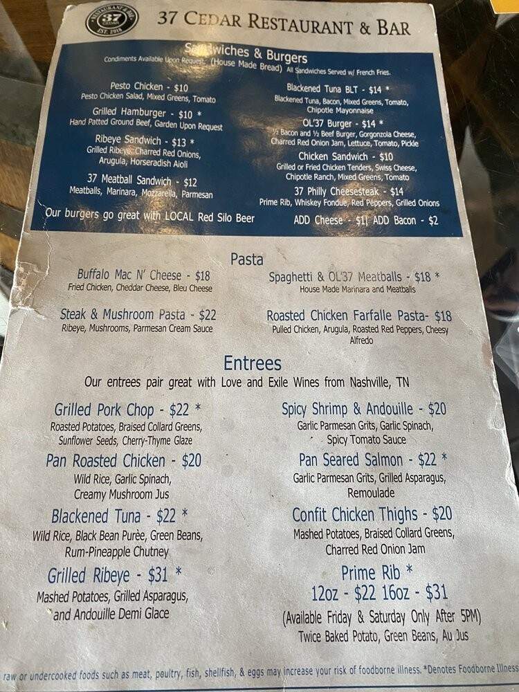 37 Cedar Restaurant & Bar - Cookeville, TN menu_pic