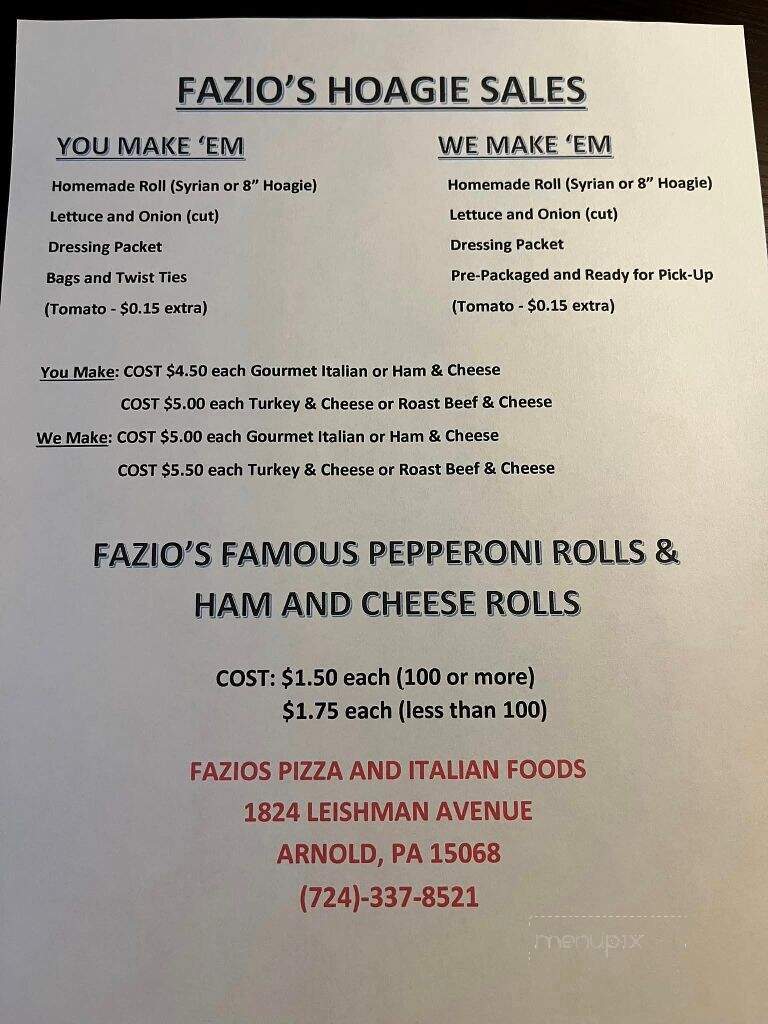 Fazio's Bakery - New Kensington, PA menu_pic