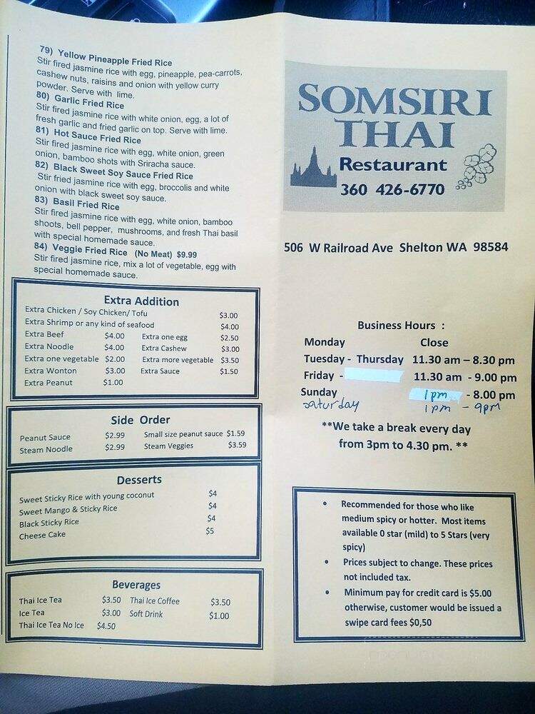 Somsiri Thai - Shelton, WA menu_pic