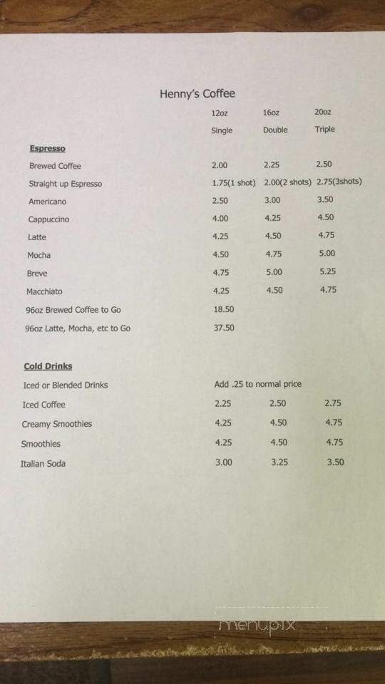 Henny's Coffee - Crosby, ND menu_pic