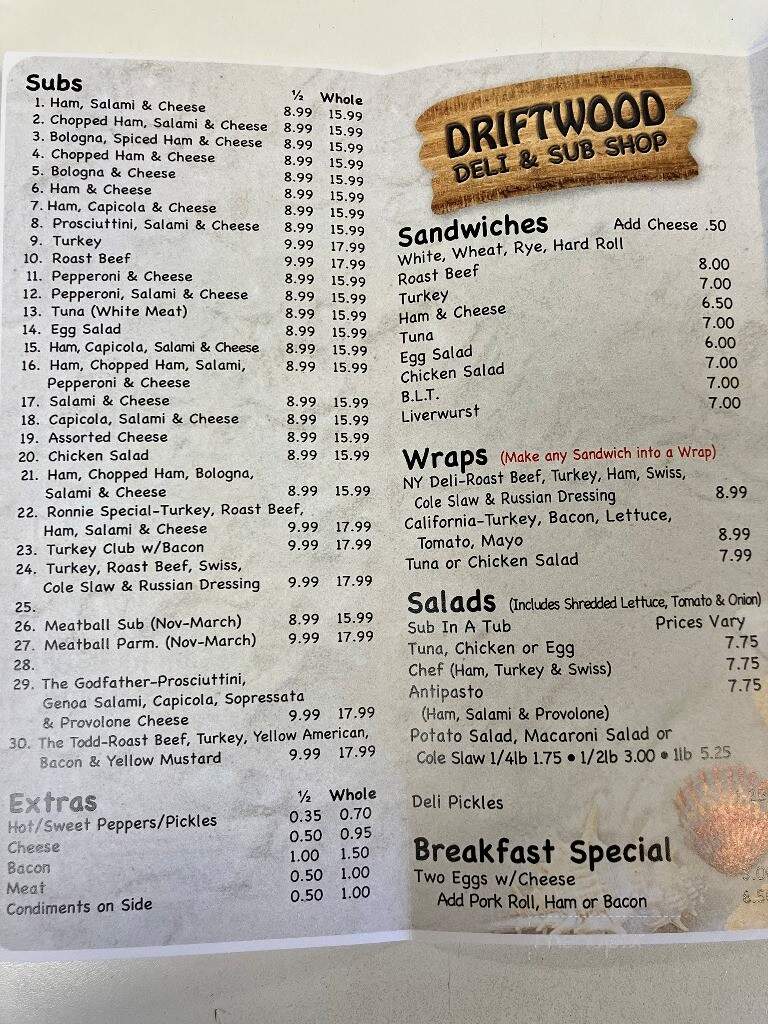 Driftwood Deli & Sub Shop - Toms River, NJ menu_pic