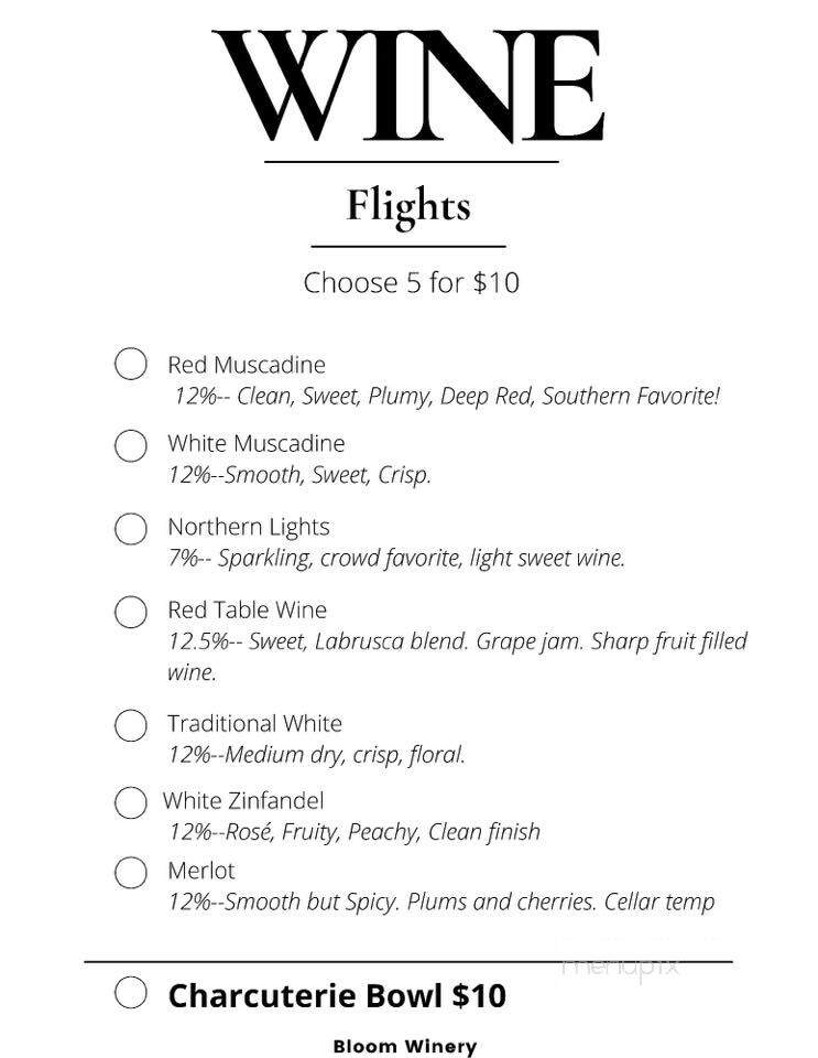 Bloom Winery - Rogersville, AL menu_pic