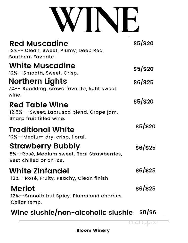 Bloom Winery - Rogersville, AL menu_pic